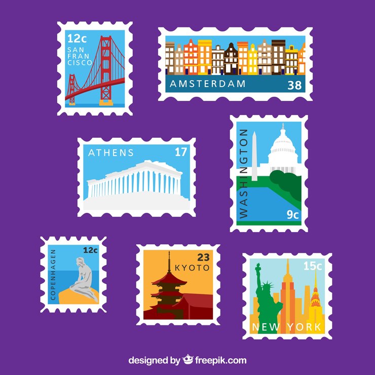 Vettore gratuito grande collezione di francobolli colorati con diverse città
