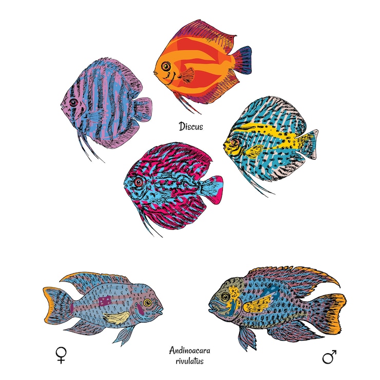 Vettore gratuito grandi pesci d'acquario ambientati in uno stile di disegno colorato su bianco