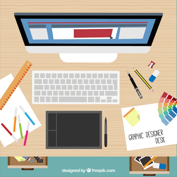 Vettore gratuito graphic designer scrivania in vista dall'alto