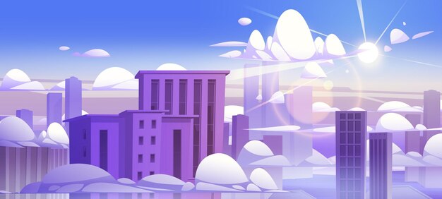 Grattacieli sopra le nuvole grattacieli edifici città tetti sbirciare in alto di cumulonembo cloudscape nel cielo blu e sole splendere Vista urbana sfondo centro architettura Cartoon illustrazione vettoriale