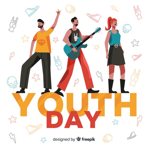 Gruppo di adolescenti rocker celebrando la giornata della gioventù su design piatto