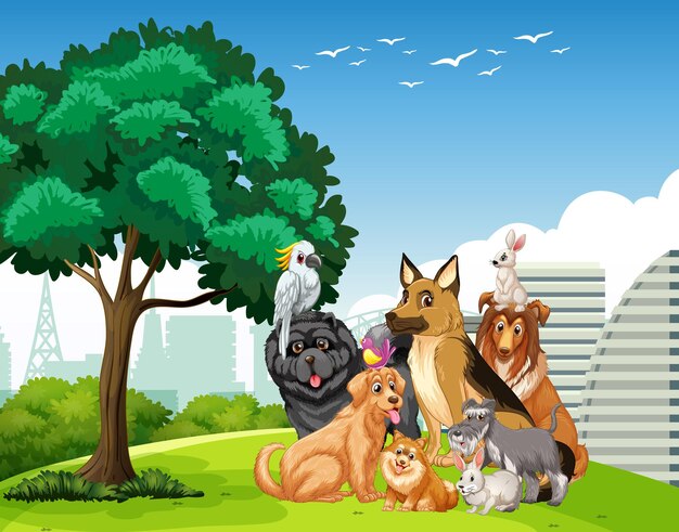 Gruppo di animali domestici nella scena del parco