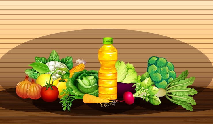 Vettore gratuito gruppo di diverse verdure e bottiglia di olio sulla parete in legno