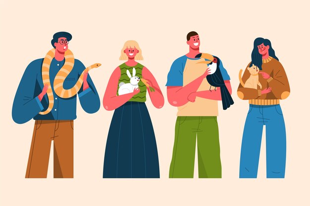 Gruppo di persone con diversi animali domestici