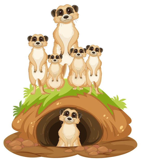 Gruppo di suricati con tana in stile cartone animato