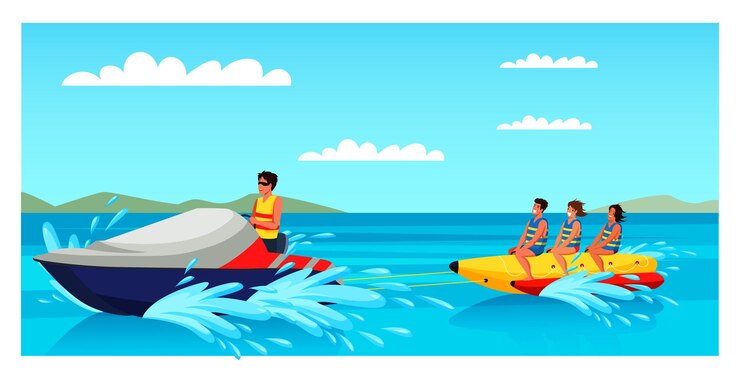 Vettore gratuito gruppo di turisti in sella a una banana boat tirando in motoscafo in una giornata di sole viaggi divertenti vacanze attive vacanze di divertimento in acqua sul mare o sull'oceano