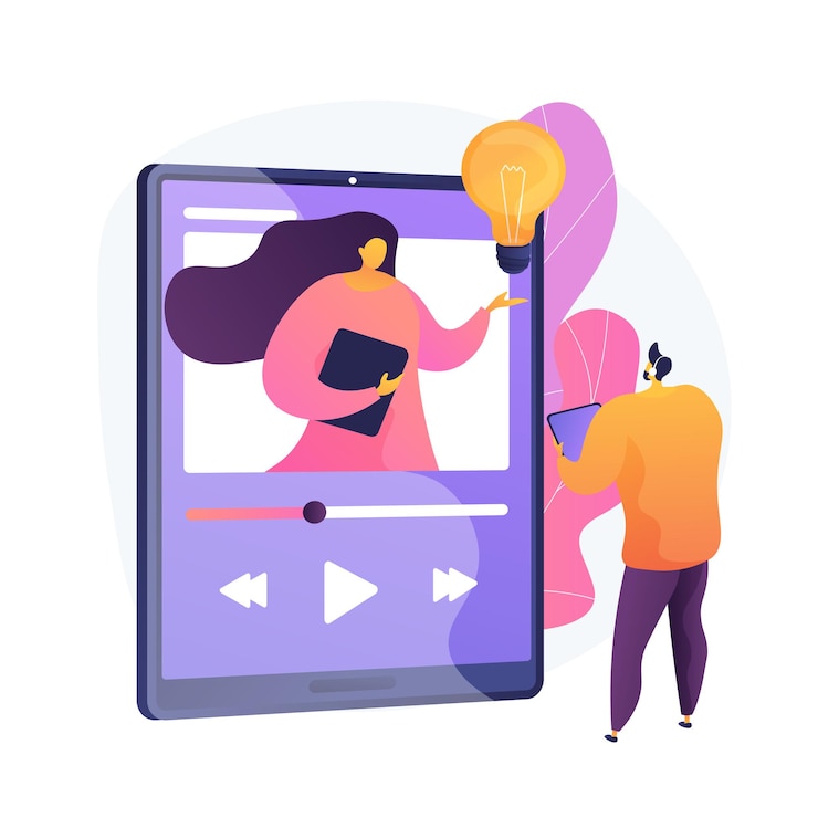 Vettore gratuito guardare video tutorial. lezione online, corso internet, lezione digitale. personaggio dei cartoni animati tutor. videochiamata, seminario, istruzione a distanza.
