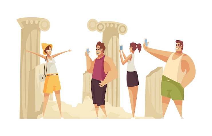 Vettore gratuito guida alla composizione dell'escursione con un gruppo di turisti tra antiche colonne di pilastri illustrazione vettoriale