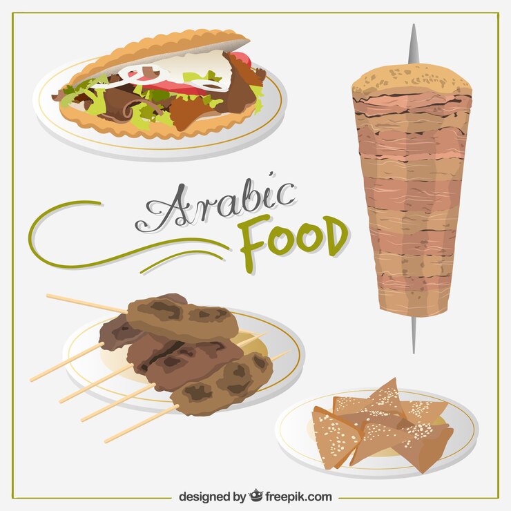 Vettore gratuito gustosi menù alimentari arabi disegnati a mano