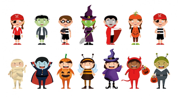 Vettore gratuito halloween con set di bambini in costume
