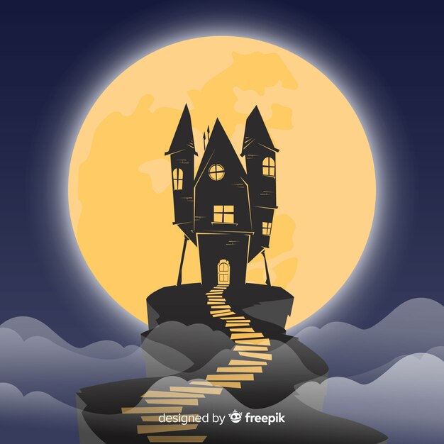 Halloween haunted house con design piatto