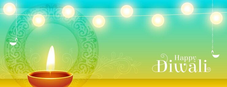 Vettore gratuito happy diwali celebration banner con luci decorative e diya