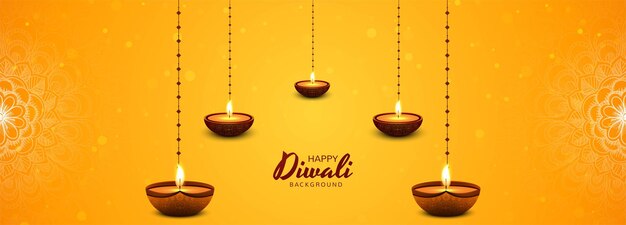 Happy diwali decorativo design banner carta lampada a olio