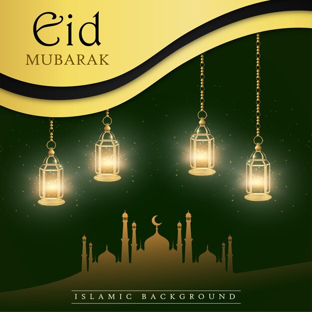 Happy Eid Greetings Banner di social media islamico con sfondo dorato verde