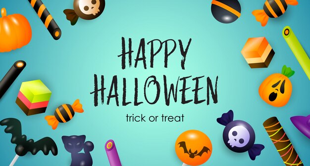 Happy Halloween, dolcetto o scherzetto scritte, caramelle e dolci