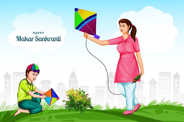 Happy Makar Sankranti aquiloni colorati per il festival dell'India sullo sfondo