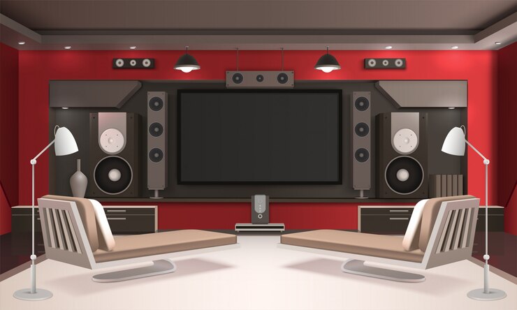 Vettore gratuito home cinema interno con pareti rosse