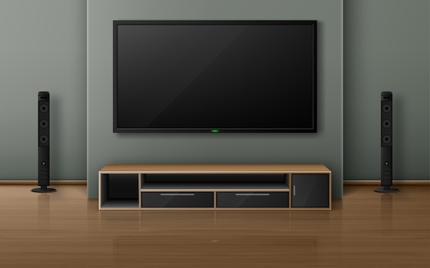 Home theater con schermo tv e altoparlanti nel soggiorno moderno. interni realistici con televisore al plasma appeso al muro, impianto stereo e supporto su pavimento in legno