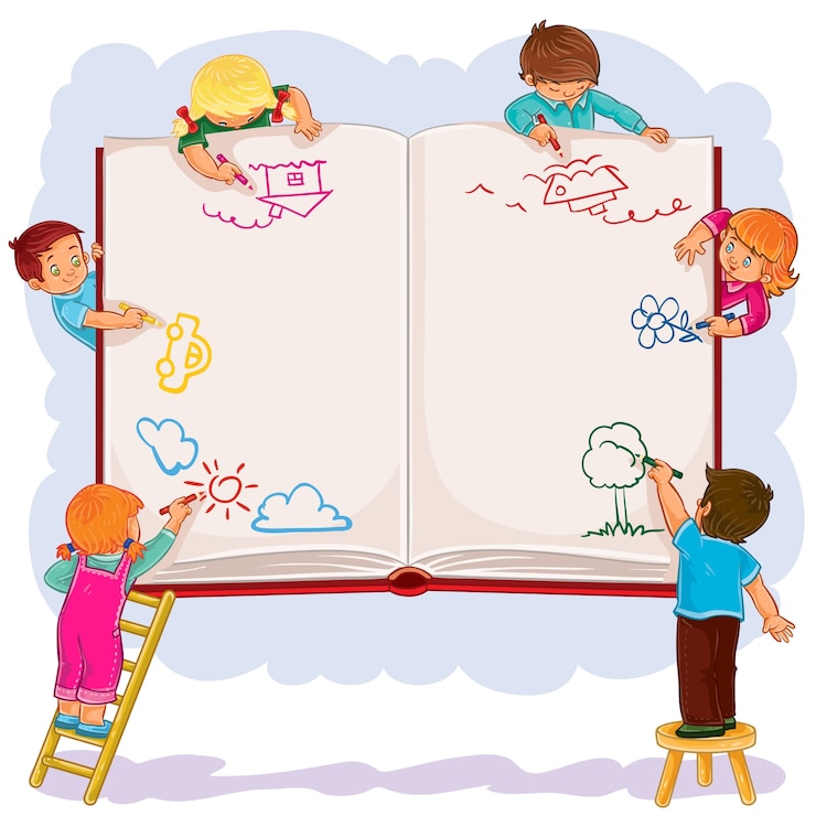 I bambini felici insieme disegnano su un grande foglio di libri