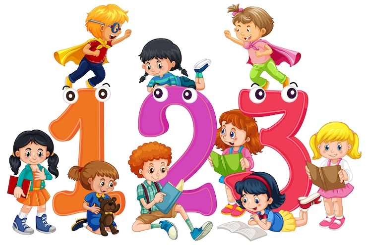 Vettore gratuito i bambini giocano e leggono libri in scena con il numero acceso