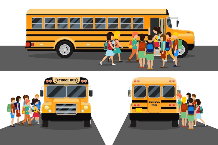 Vettore gratuito i bambini salgono sullo scuolabus. allievo o studente del trasporto, trasporto e automobile.