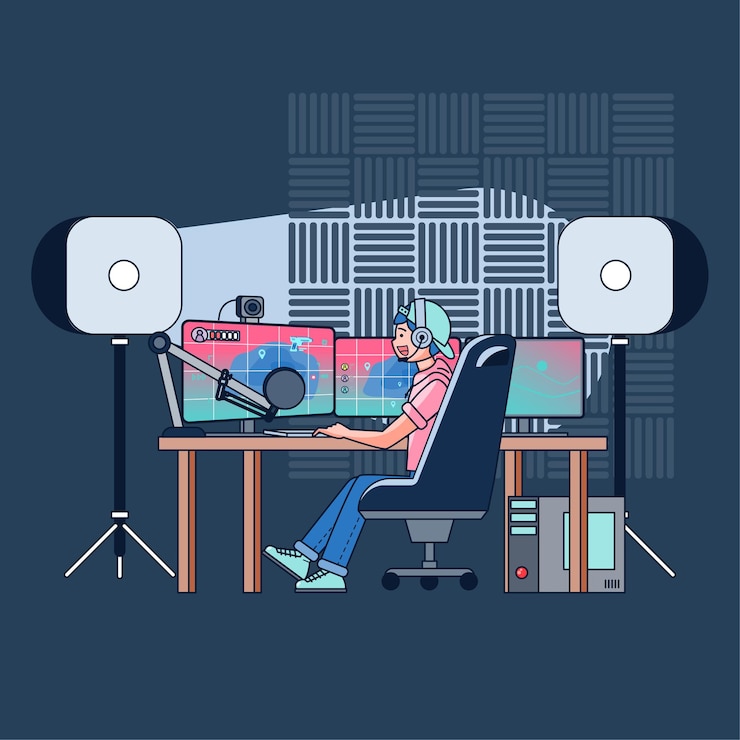 Vettore gratuito i blogger giocano a giochi dal vivo nei loro canali sotto la sorveglianza di un pubblico mondiale. i blogger di gioco sono molto apprezzati dai giocatori. illustrazione piatta