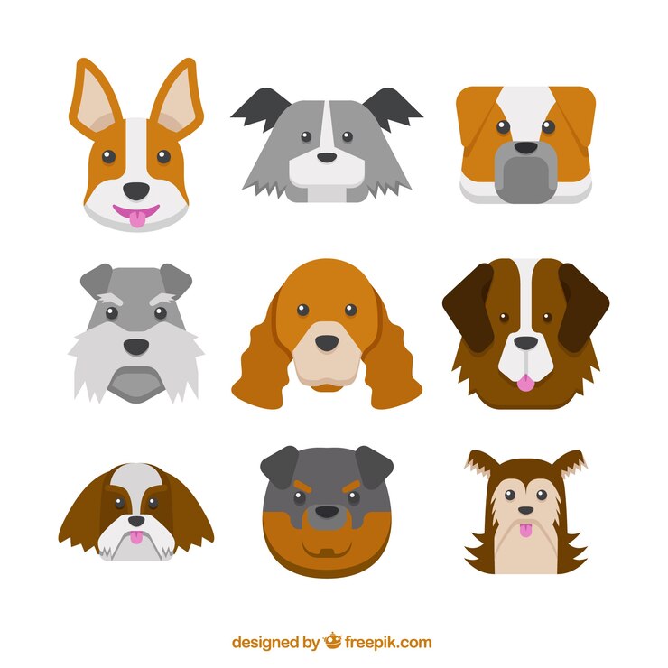 Vettore gratuito i cani di razze diverse pacchetto in design piatto