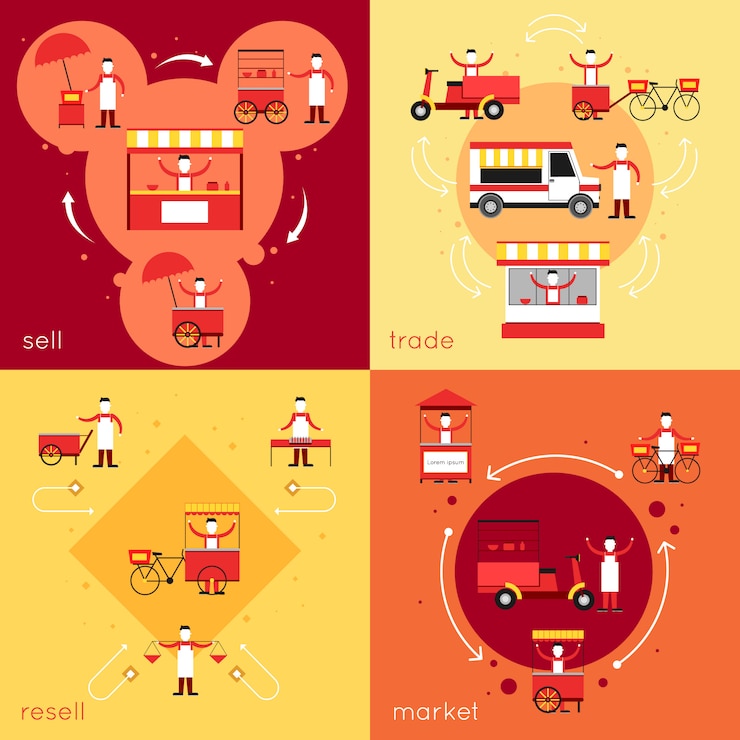 Vettore gratuito i caratteri degli alimenti a rapida preparazione della via e la composizione degli elementi messi con vendono il mercato di vendita hanno isolato l'illustrazione di vettore