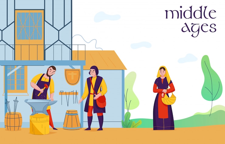Vettore gratuito i cittadini comuni dello stabilimento di medio evo alla composizione piana nel lavoro con i contadini del fabbro del villaggio medievale sbarcano l'illustrazione di vettore degli operai