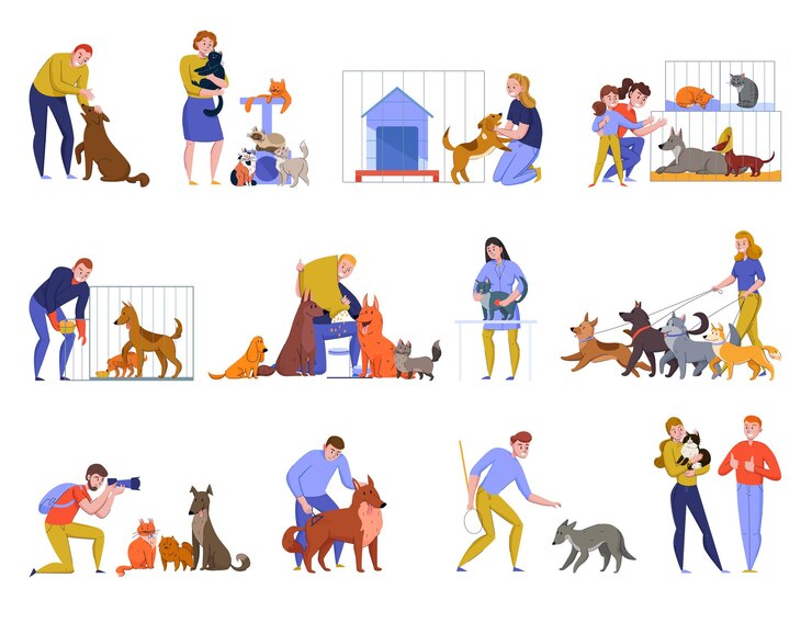 Vettore gratuito i gatti dei cani del rifugio degli animali hanno messo con i caratteri umani di stile di scarabocchio e le immagini isolate degli animali dell'illustrazione di vettore degli animali domestici