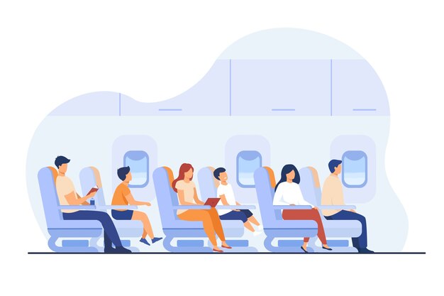 I passeggeri che viaggiano in aereo isolato piatto illustrazione vettoriale. Personaggi dei cartoni animati a bordo di un aereo o di un aereo.