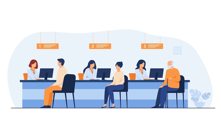 Vettore gratuito i responsabili delle finanze che lavorano con i clienti hanno isolato l'illustrazione piana di vettore. gente del fumetto che si siede nell'ufficio di banca per lo scambio di denaro.