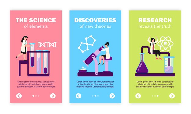I test di laboratorio di ricerca scientifica scoprono simboli della struttura della molecola del DNA dell'atomo, set di banner verticali piatti