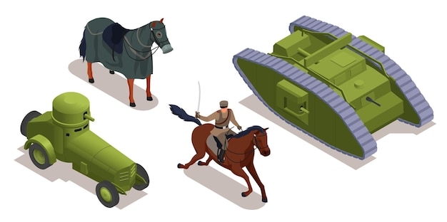 I veicoli militari della prima guerra mondiale e l'insieme isometrico della cavalleria hanno isolato l'illustrazione di vettore