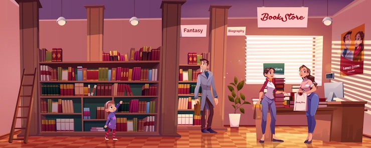 Vettore gratuito i visitatori in libreria con le persone scelgono i libri