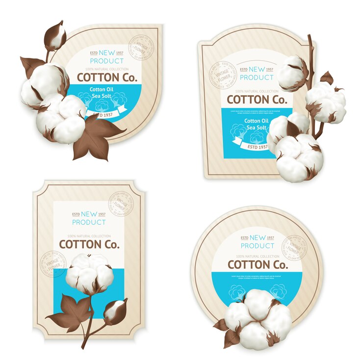 Vettore gratuito icona del pacchetto emblema realistico cotone con descrizione morbido di cotone olio di mare