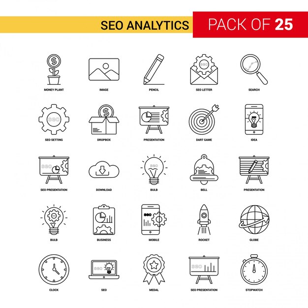 Icona della linea nera di analisi dei dati di SEO - 25 insieme dell&#39;icona del profilo di affari