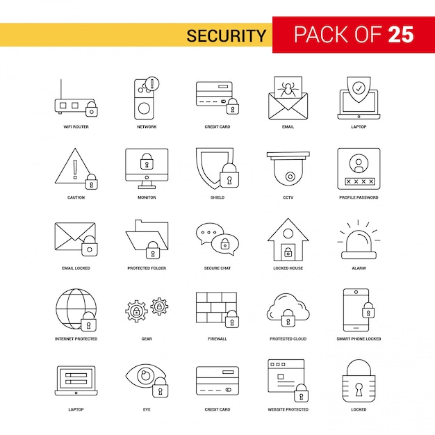 Icona della linea nera di sicurezza - 25 Set di icone del profilo aziendale