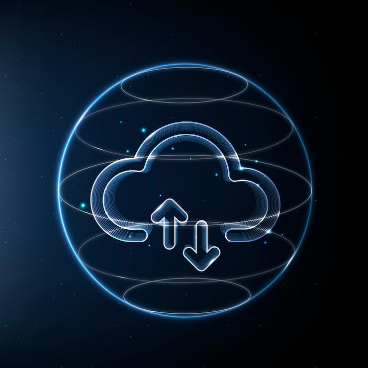 Vettore gratuito icona della tecnologia di rete cloud in blu su sfondo sfumato
