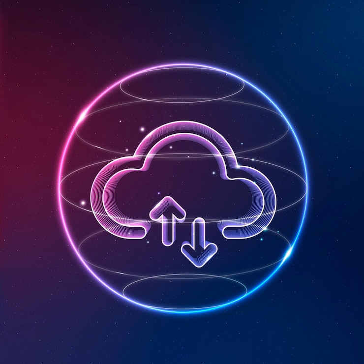 Vettore gratuito icona della tecnologia di rete cloud in neon su sfondo sfumato