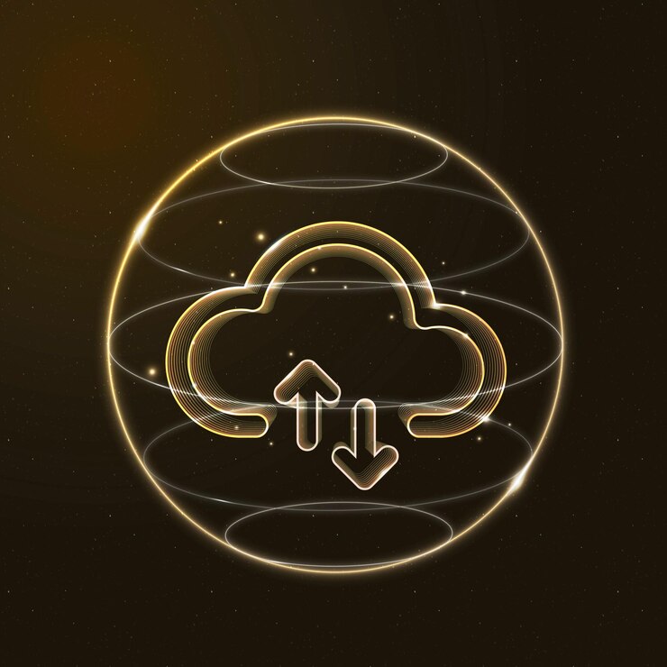 Vettore gratuito icona della tecnologia di rete cloud in oro su sfondo sfumato