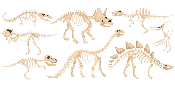 Vettore gratuito icona dello scheletro di dinosauro con grandi animali antichi di specie diverse che volano illustrazione vettoriale predatore ed erbivora