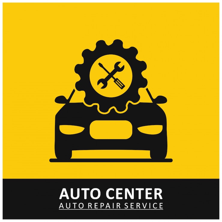 Vettore gratuito icona di attrezzo di riparazione automatica del centro auto con gli attrezzi e la priorità bassa gialla dell'automobile