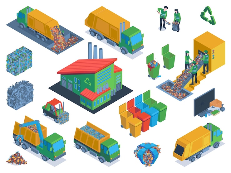 Vettore gratuito icona di immondizia isolata e isometrica impostata con fasi di riciclaggio del trasporto e dell'illustrazione vettoriale di separazione