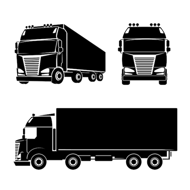 Icona di logo del camion sagoma nera. Auto, carico e cabina. Illustrazione vettoriale