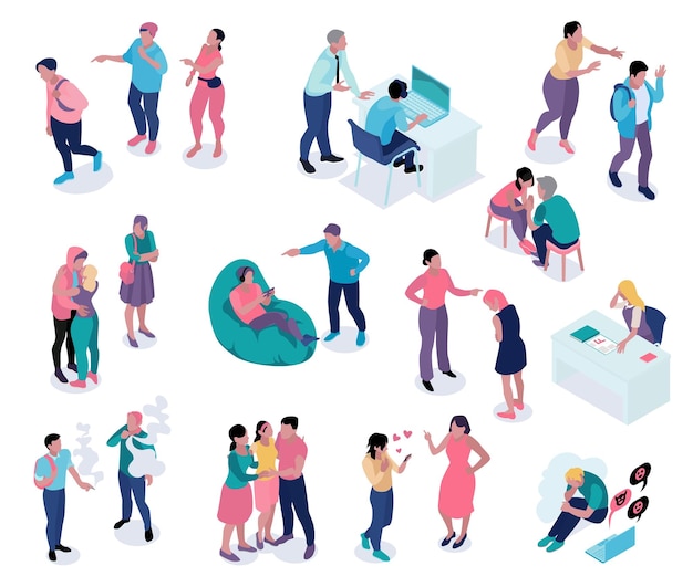 Icona isometrica dei genitori di adolescenti con caratteri umani isolati di adolescenti e parenti in varie situazioni illustrazione vettoriale