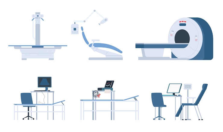 Vettore gratuito icona piana dell'apparecchiatura di diagnosi medica stabilita dispositivi medici diagnostici ct mri ultrasuono ecg illustrazione vettoriale