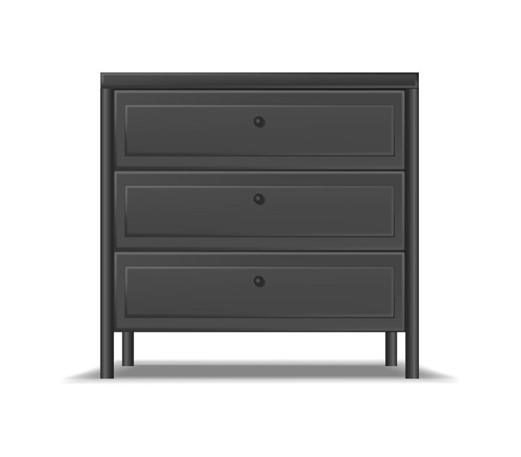 Vettore gratuito icona vettoriale realistica comodino nero moderno da comodino con cassetti isolati su sfondo bianco