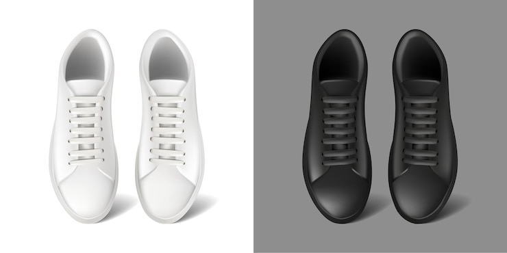 Vettore gratuito icona vettoriale realistica sneakers da corsa bianche e nere con scarpe sportive in pizzo