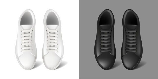 Icona vettoriale realistica Sneakers da corsa bianche e nere con scarpe sportive in pizzo